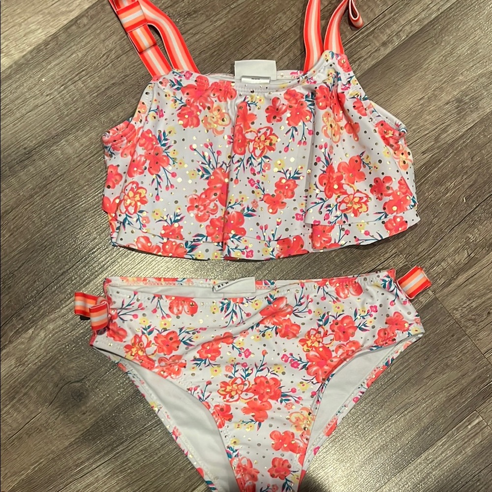 Girls sz 10 Floral Bikini Set with Striped Straps